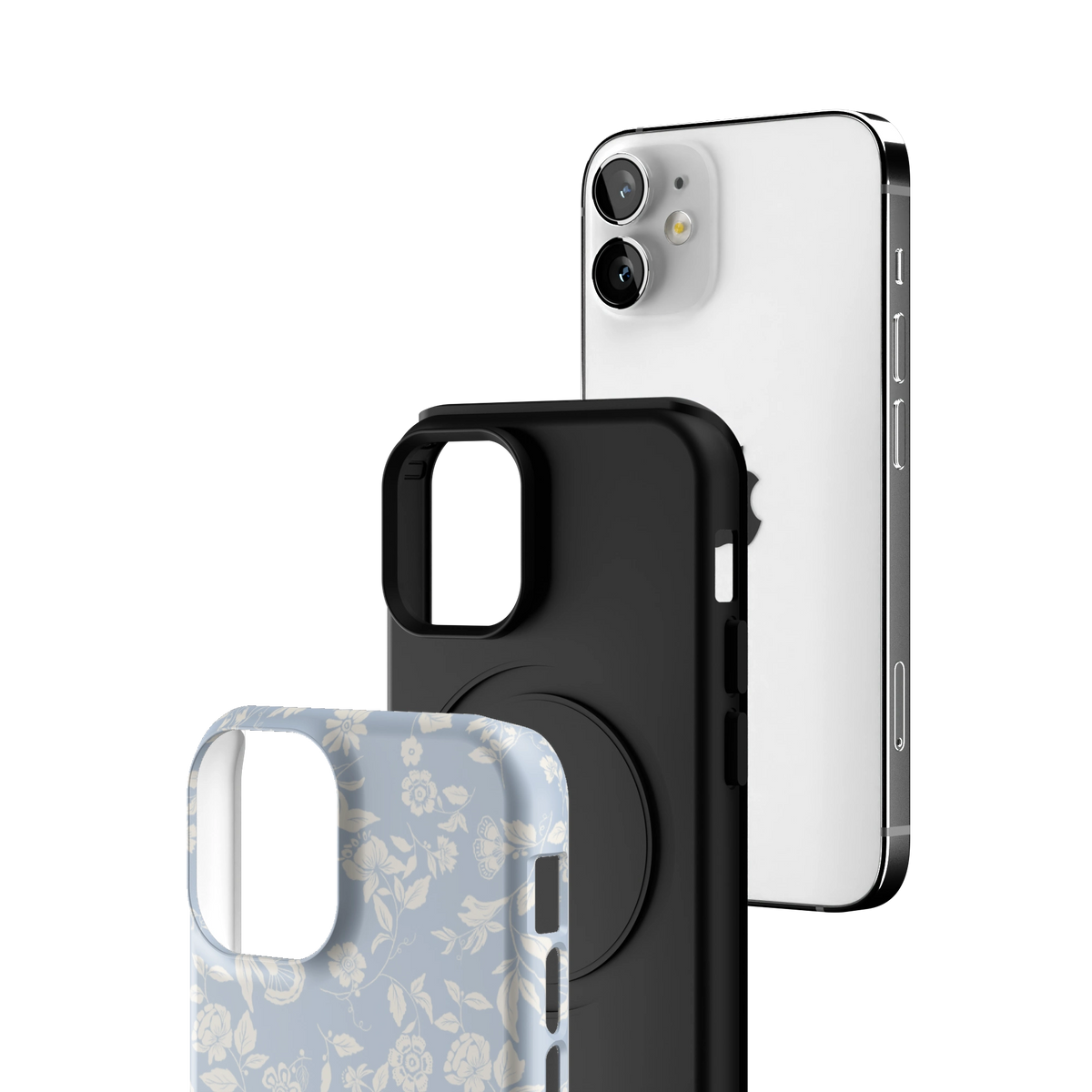Exploded view of the Spritz iPhone 12 mini case: printed shell, black inner layer with MagSafe ring, and phone