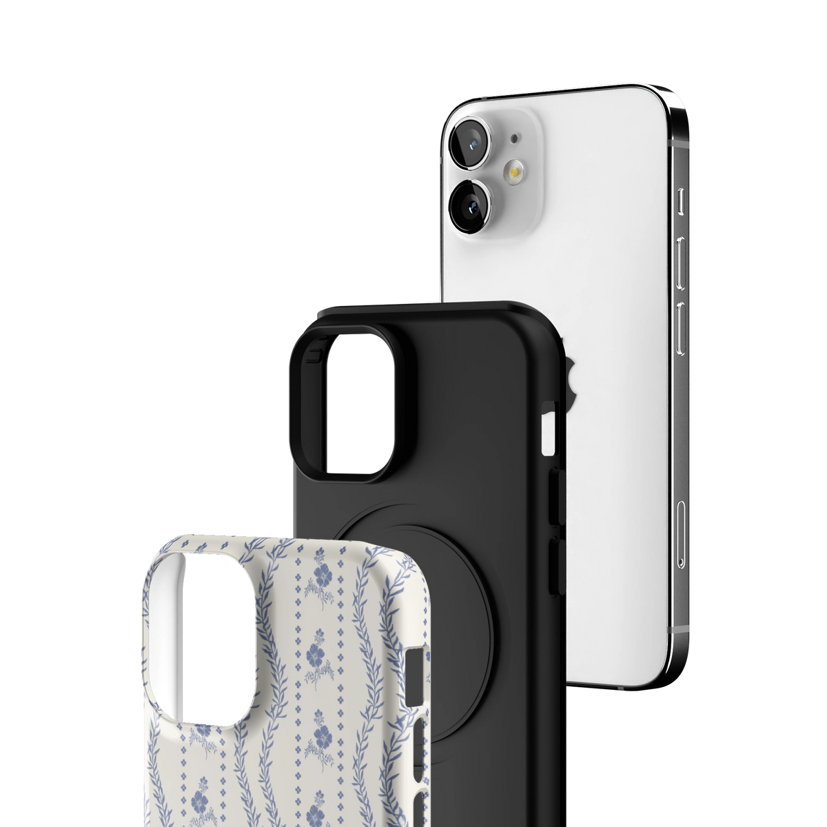 Exploded view of the Riviera iPhone 12 mini case: printed shell, black inner layer with MagSafe ring, and phone