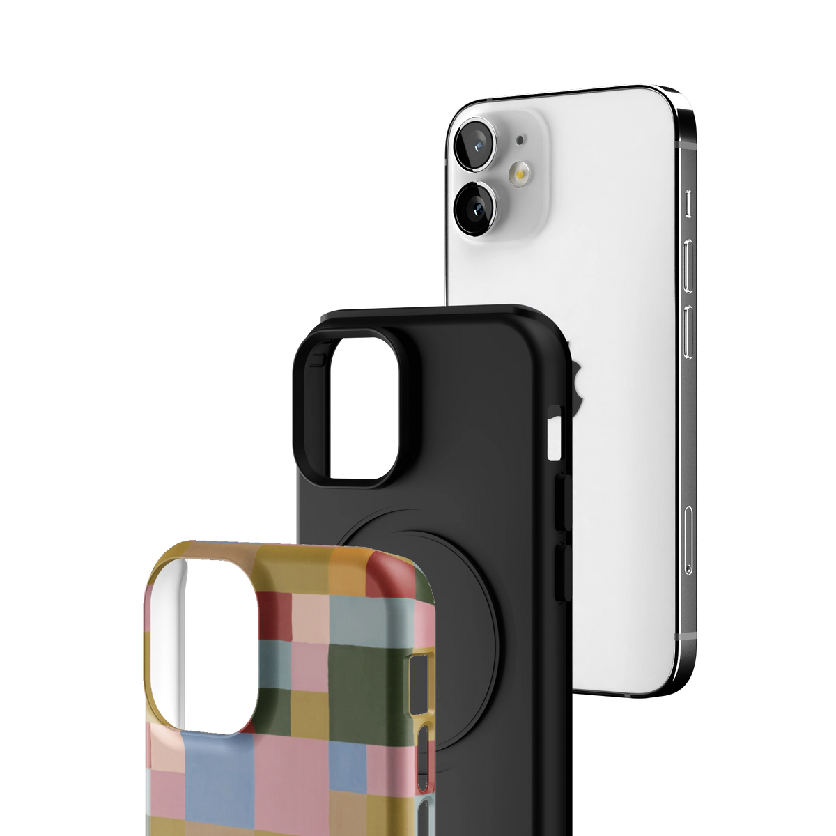 Exploded view of the Colorblock iPhone 12 mini case: printed shell, black inner layer with MagSafe ring, and phone