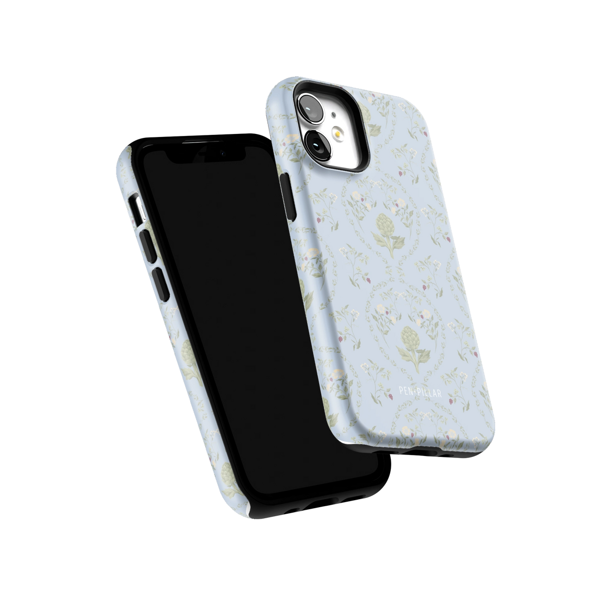 Artichoke iPhone 12 mini case tilted to show the raised edges around the screen and camera