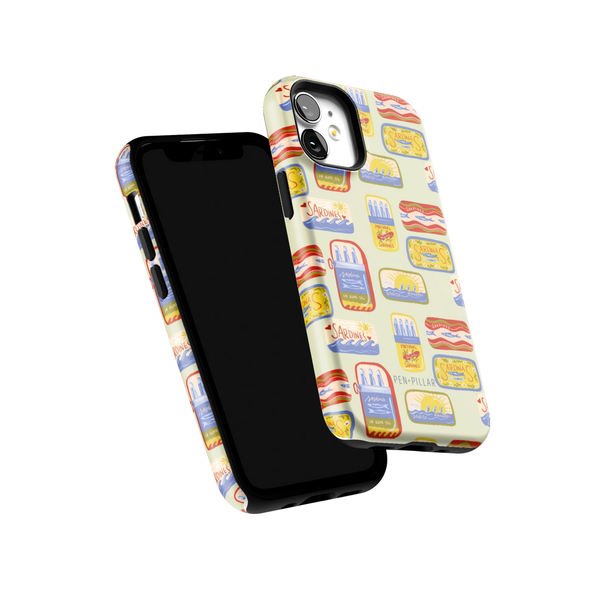 Sardines iPhone 12 mini case tilted to show the raised edges around the screen and camera