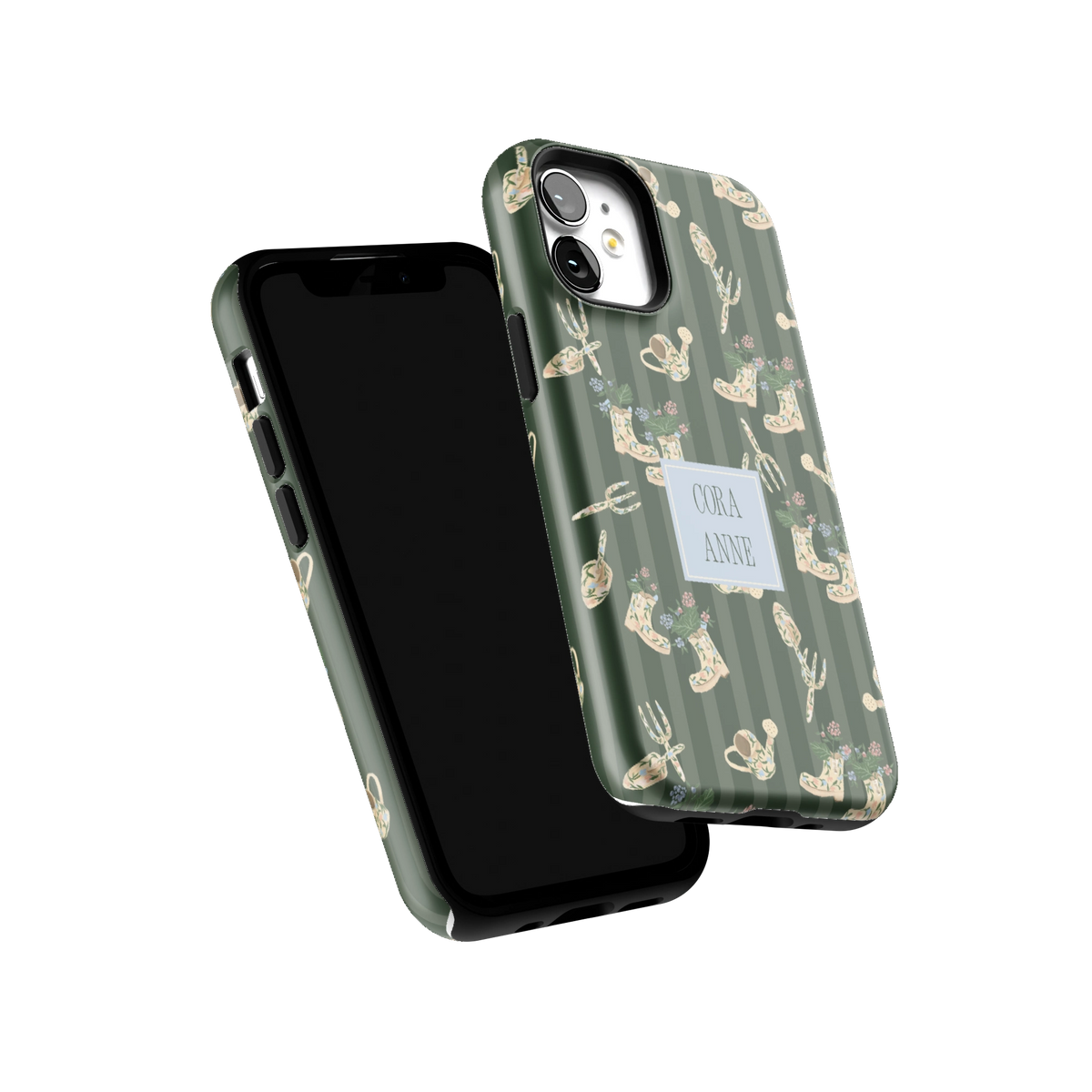 In the Garden Personalized iPhone 12 mini case tilted to show the raised edges around the screen and camera