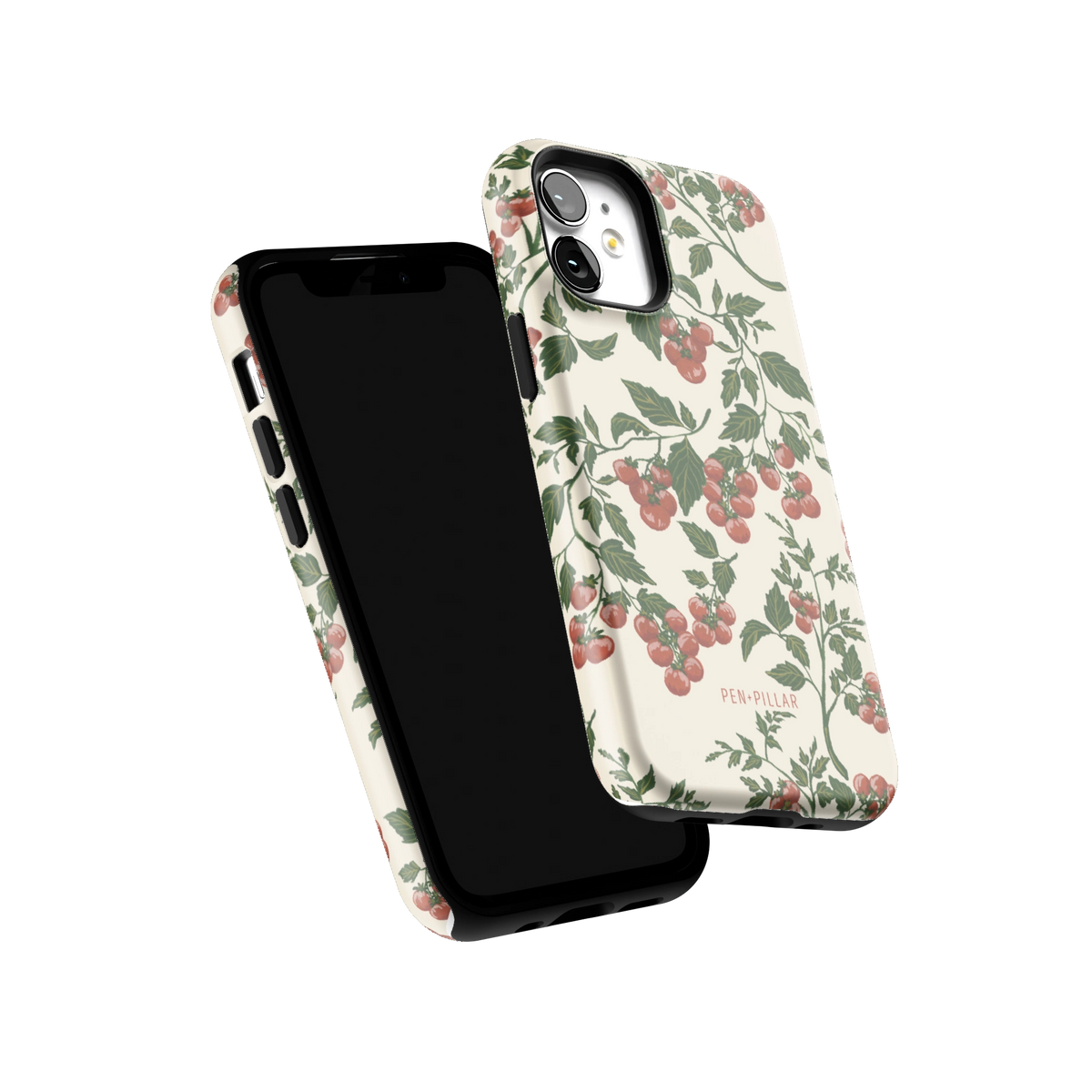 Tomato Vines iPhone 12 mini case tilted to show the raised edges around the screen and camera