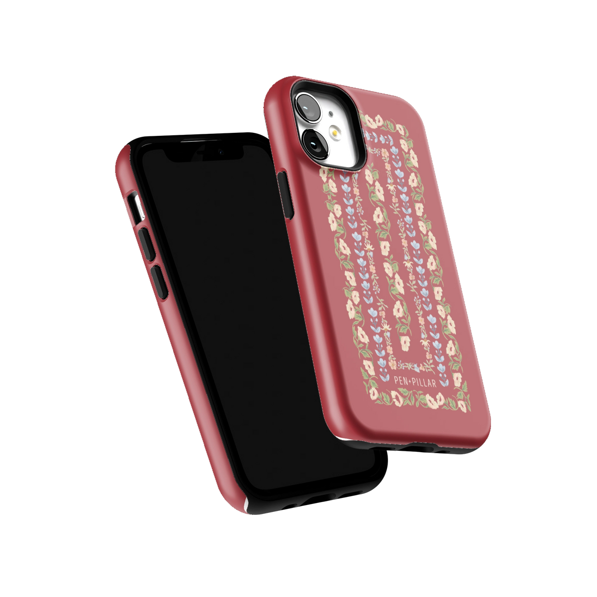 Fiona iPhone 12 mini case tilted to show the raised edges around the screen and camera