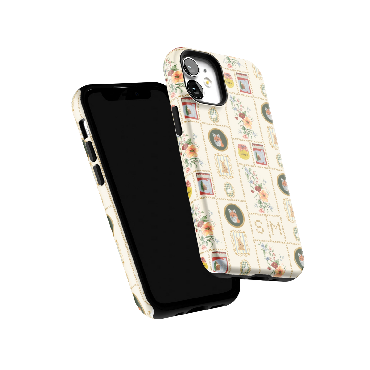 Sampler Personalized iPhone 12 mini case tilted to show the raised edges around the screen and camera