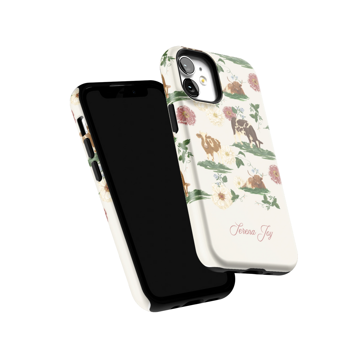 Pasture Personalized iPhone 12 mini case tilted to show the raised edges around the screen and camera