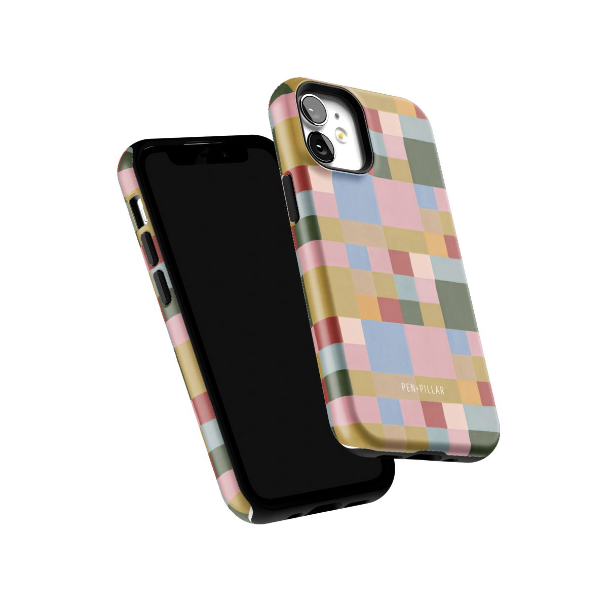 Colorblock iPhone 12 mini case tilted to show the raised edges around the screen and camera