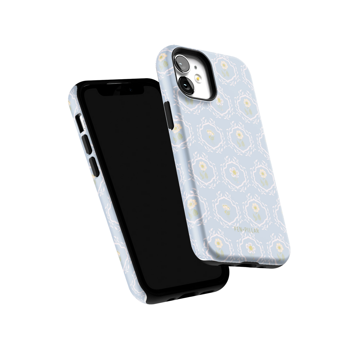 Merrigold iPhone 12 mini case tilted to show the raised edges around the screen and camera