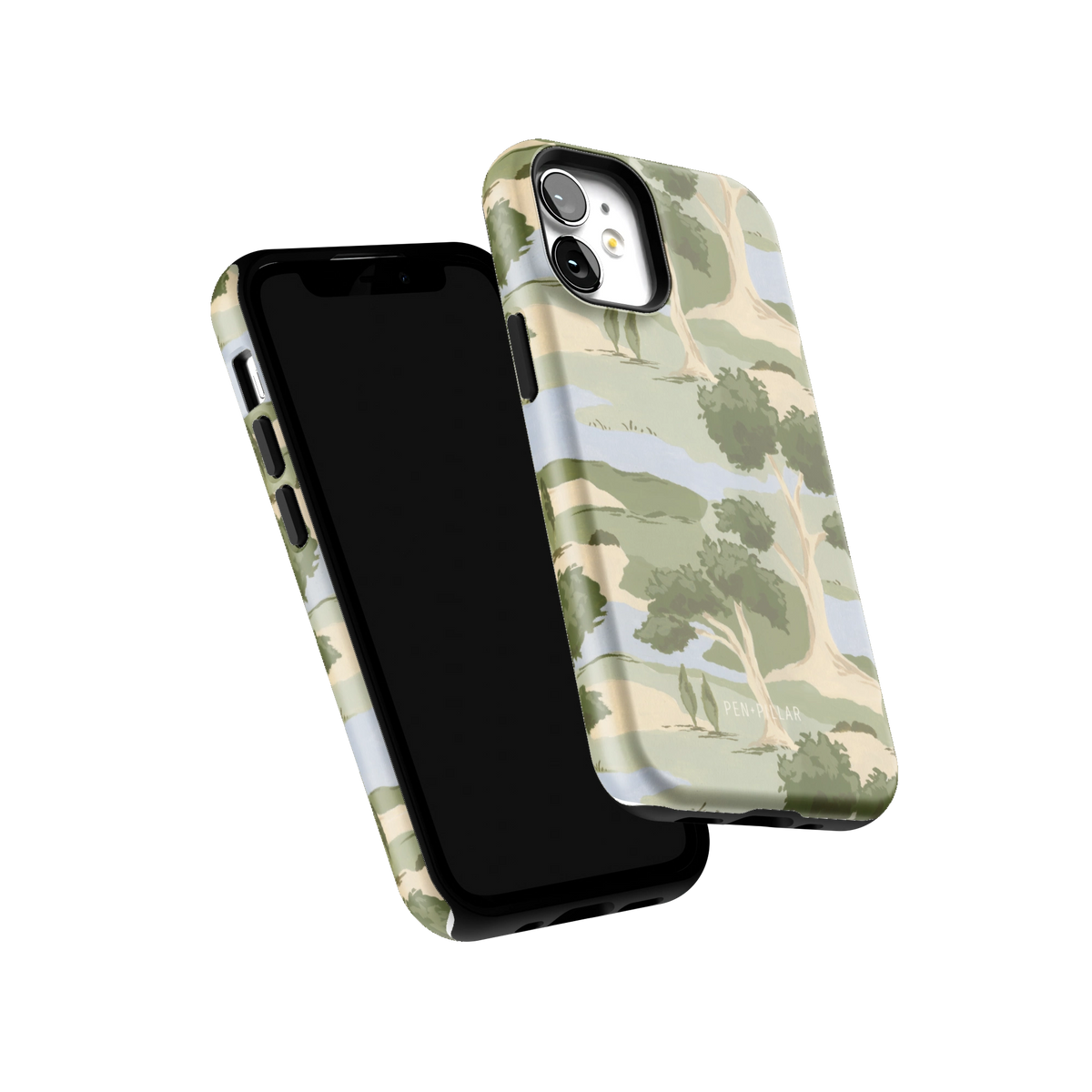 Orchard iPhone 12 mini case tilted to show the raised edges around the screen and camera