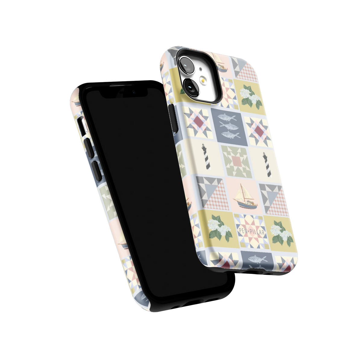 Coastal Quilt iPhone 12 mini case tilted to show the raised edges around the screen and camera