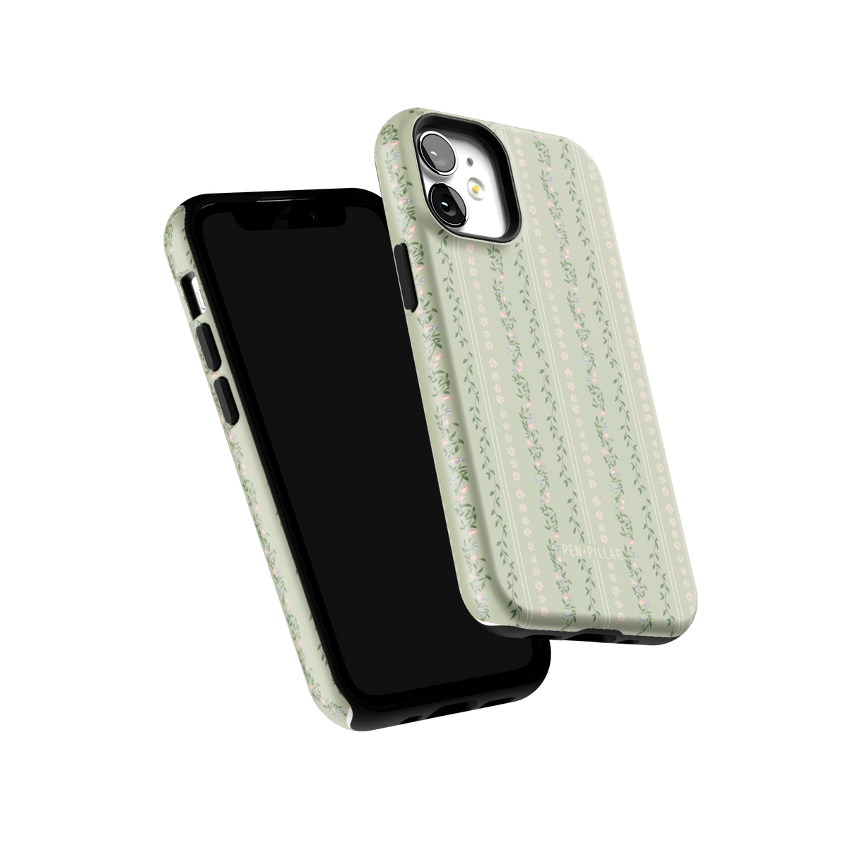 Camellia iPhone 12 mini case tilted to show the raised edges around the screen and camera