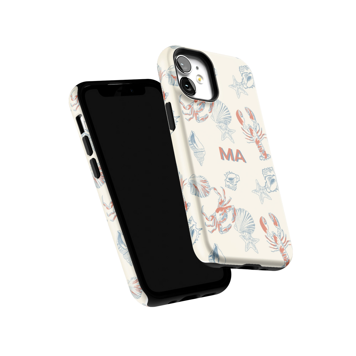 Mariner Personalized iPhone 12 mini case tilted to show the raised edges around the screen and camera
