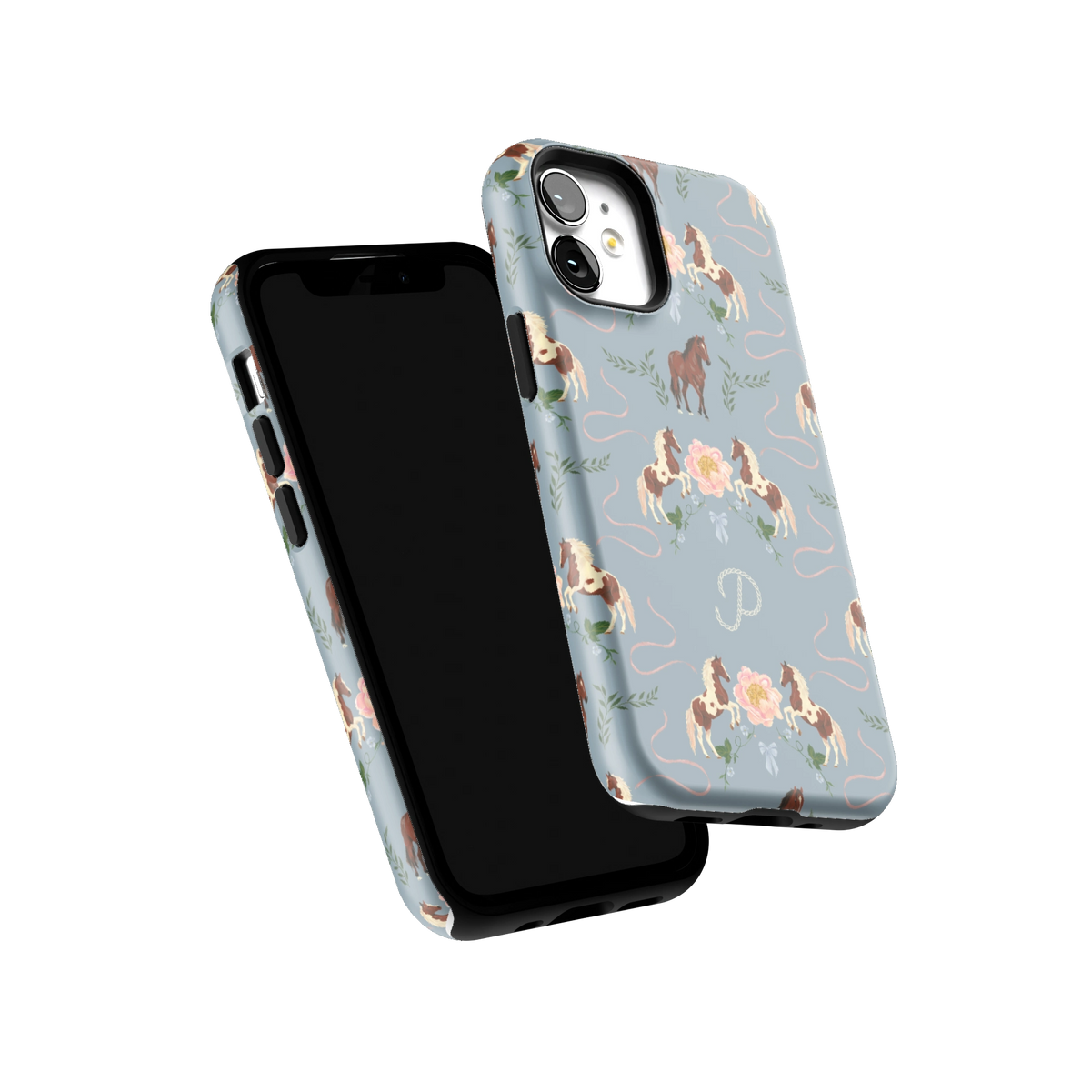Prairie Personalized iPhone 12 mini case tilted to show the raised edges around the screen and camera