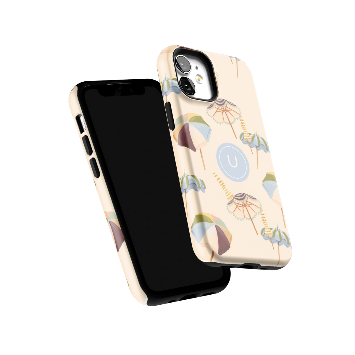 Umbrellas Personalized iPhone 12 mini case tilted to show the raised edges around the screen and camera