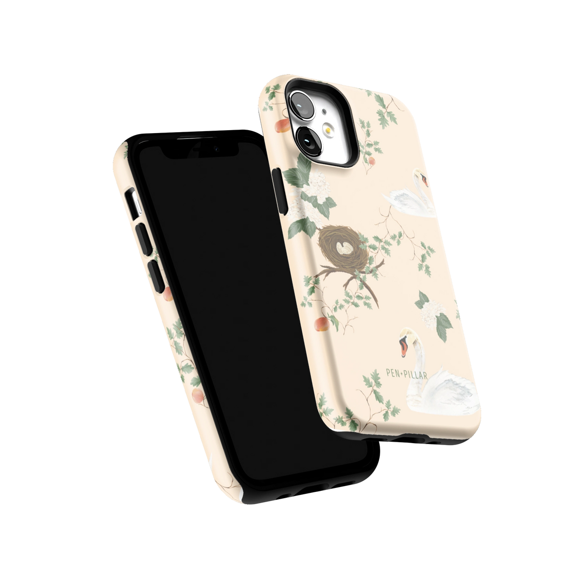 Swan Hollow iPhone 12 mini case tilted to show the raised edges around the screen and camera
