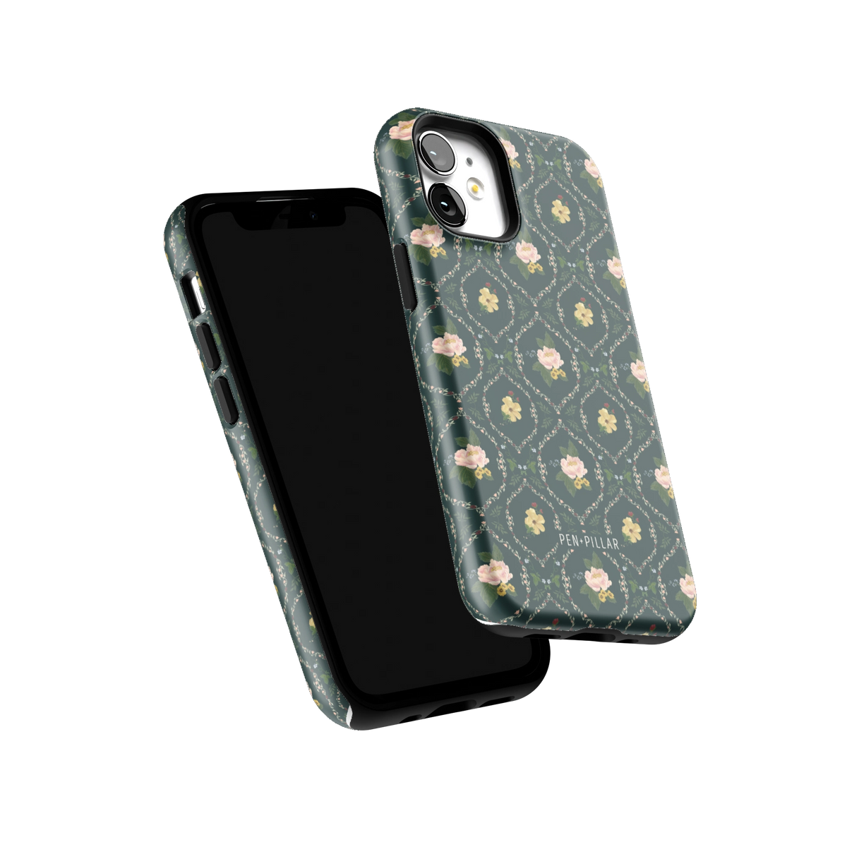 Meadow iPhone 12 mini case tilted to show the raised edges around the screen and camera