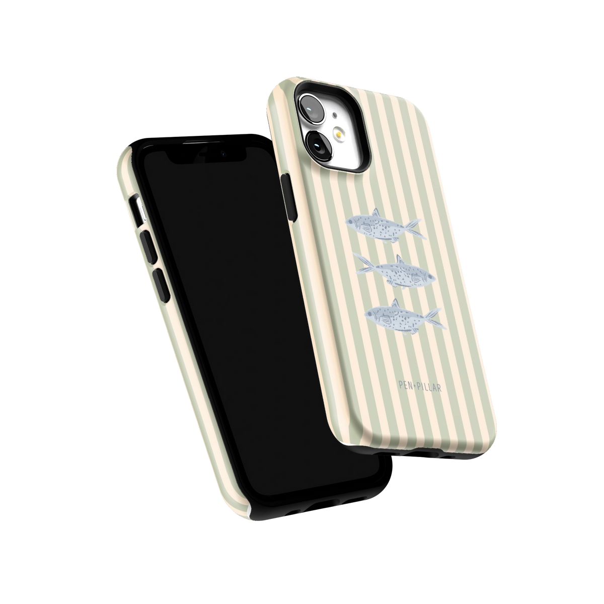 Sea Stripes iPhone 12 mini case tilted to show the raised edges around the screen and camera