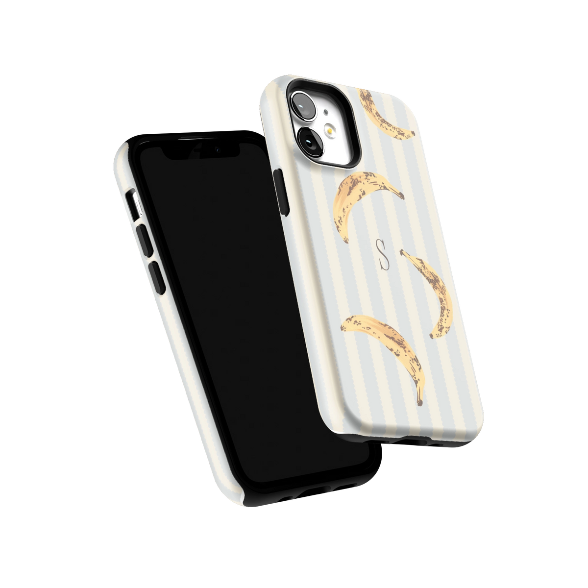 Striped Bananas Personalized iPhone 12 mini case tilted to show the raised edges around the screen and camera
