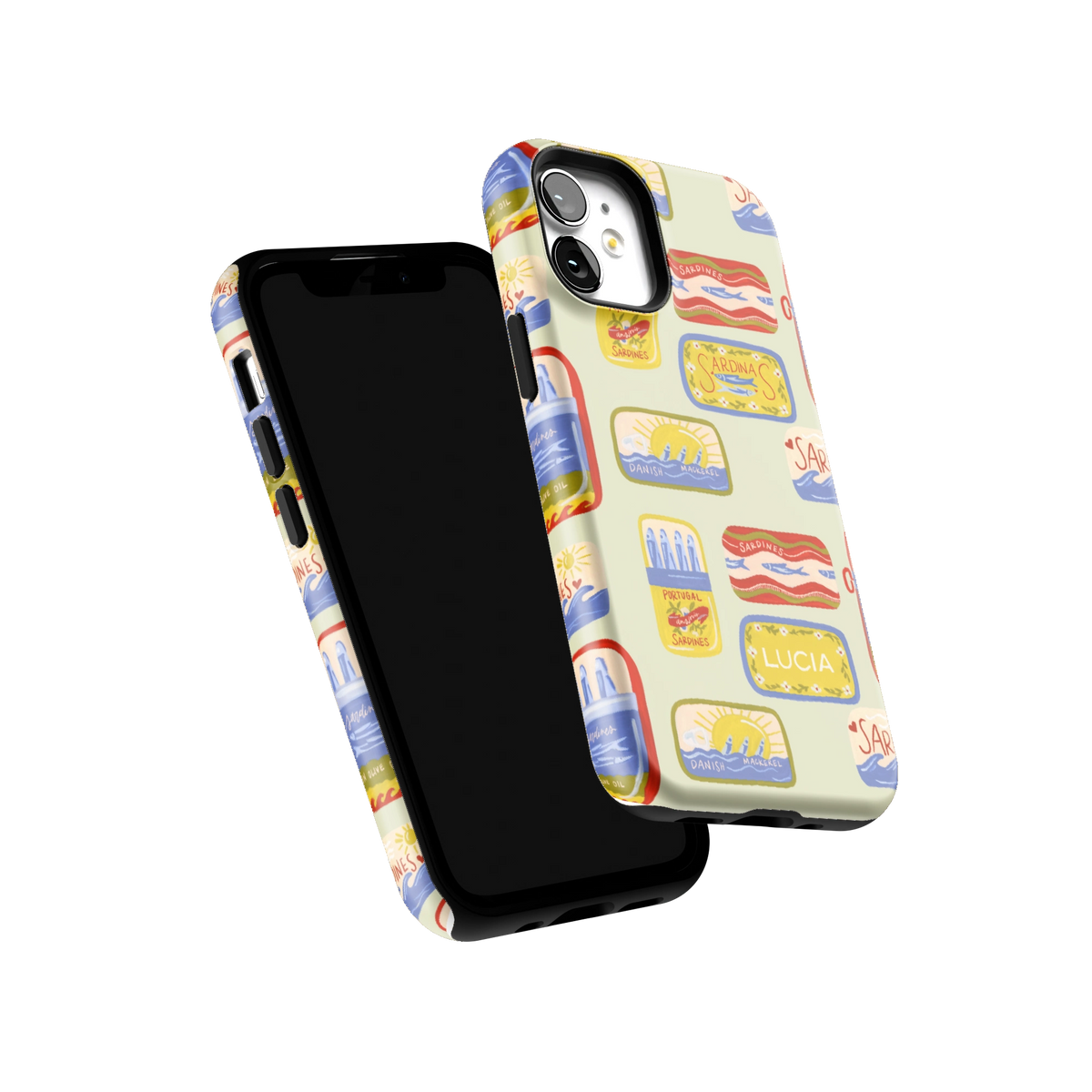 Sardines Personalized iPhone 12 mini case tilted to show the raised edges around the screen and camera