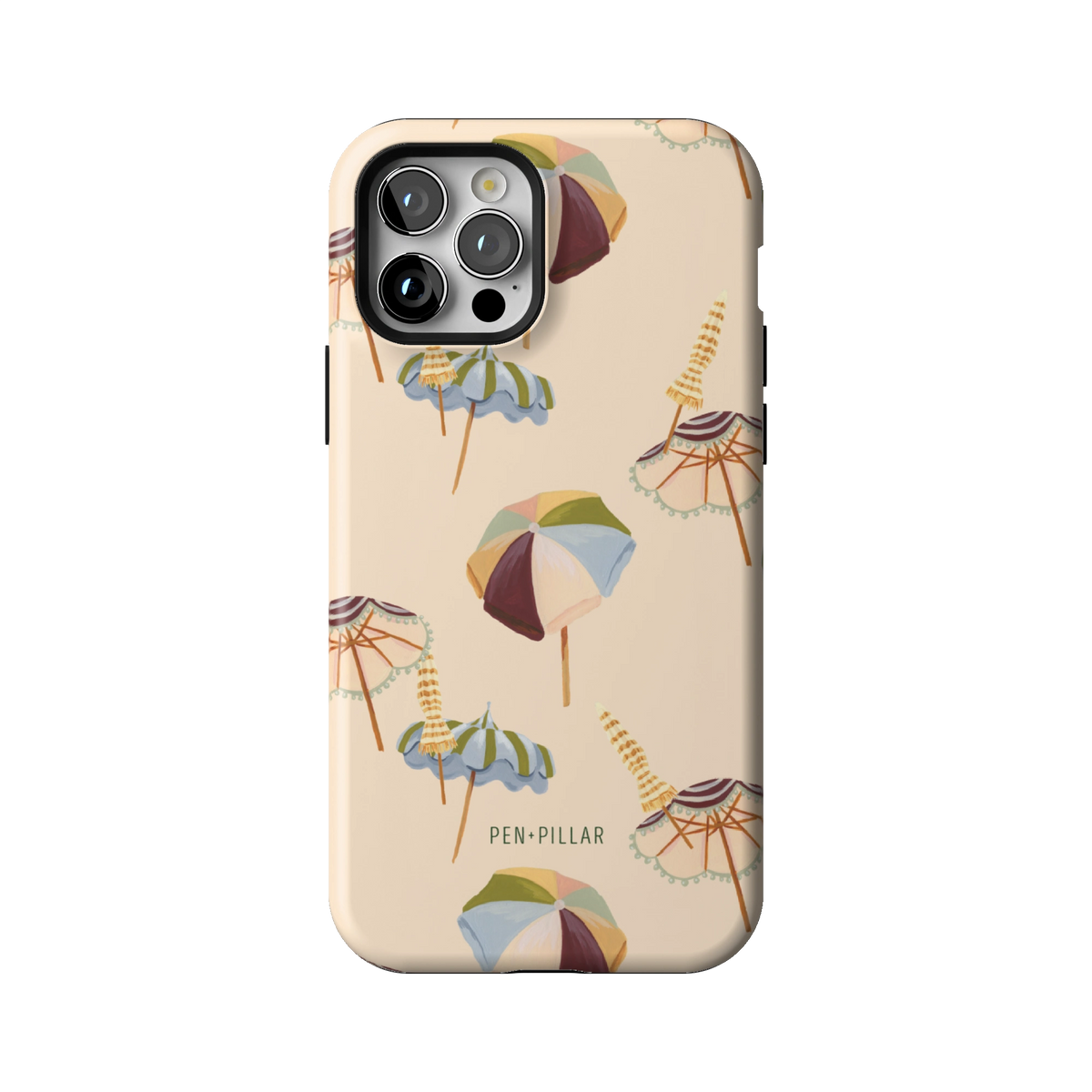 Umbrellas case on iPhone 12 Pro, back view: striped beach umbrellas and loungers on warm sand
