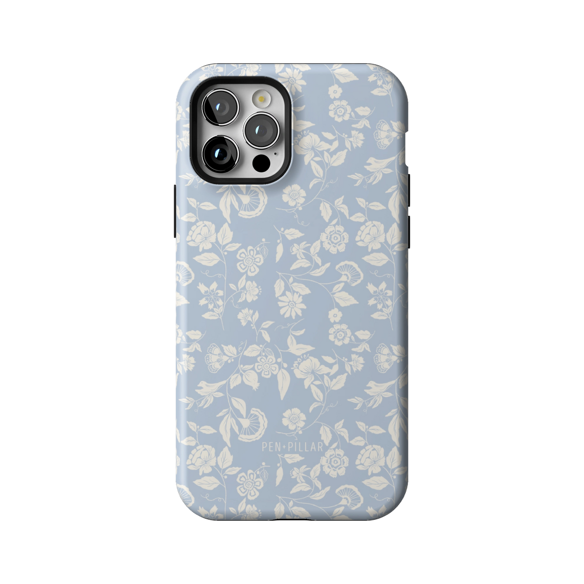Spritz case on iPhone 12 Pro, back view: white florals on soft blue