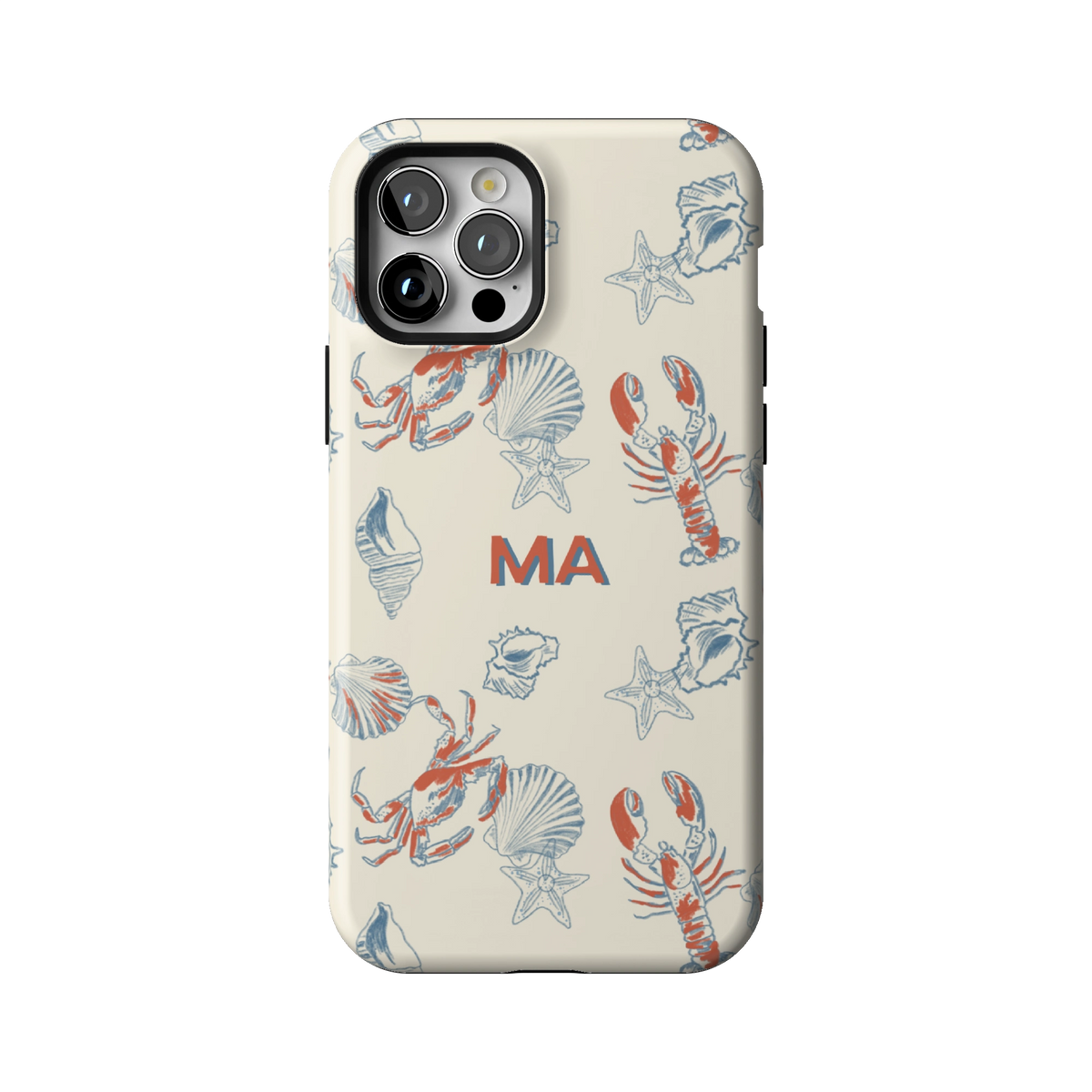 Mariner Personalized case on iPhone 12 Pro, back view: red lobsters, blue crabs and seashells on cream with the initials MA
