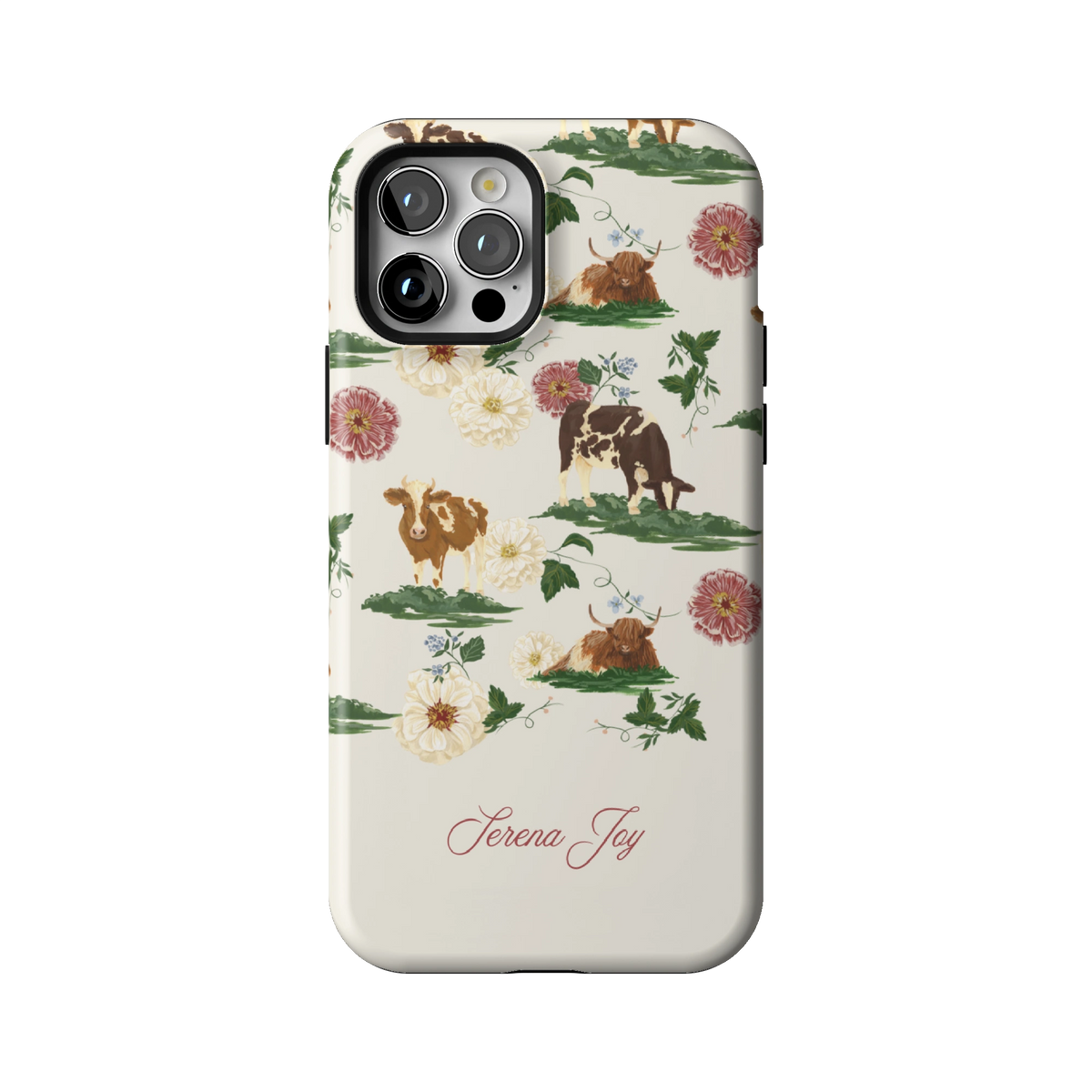 Pasture Personalized case on iPhone 12 Pro, back view: cows and dahlias in a countryside scene on cream with a name in script