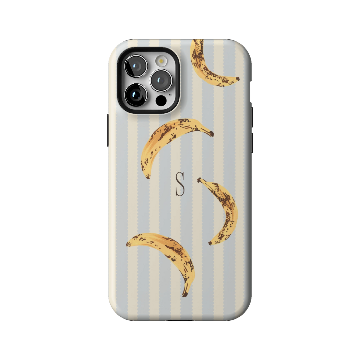 Striped Bananas Personalized case on iPhone 12 Pro, back view: ripe bananas on pale blue and cream stripes with the initial S