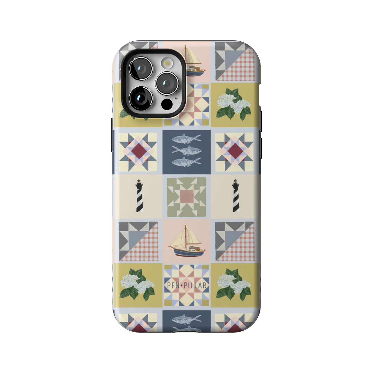 Coastal Quilt case on iPhone 12 Pro, back view: quilt blocks with sailboats, fish, a lighthouse and hydrangeas in navy, sage and blush
