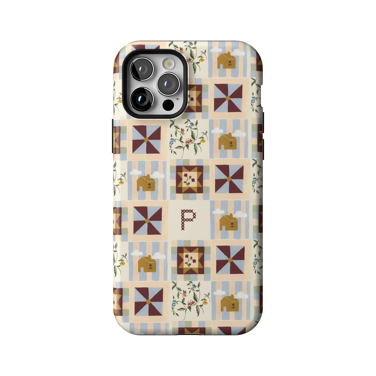 Pinwheel Personalized case on iPhone 12 Pro, back view: burgundy pinwheel quilt blocks on blue stripes with the initial P