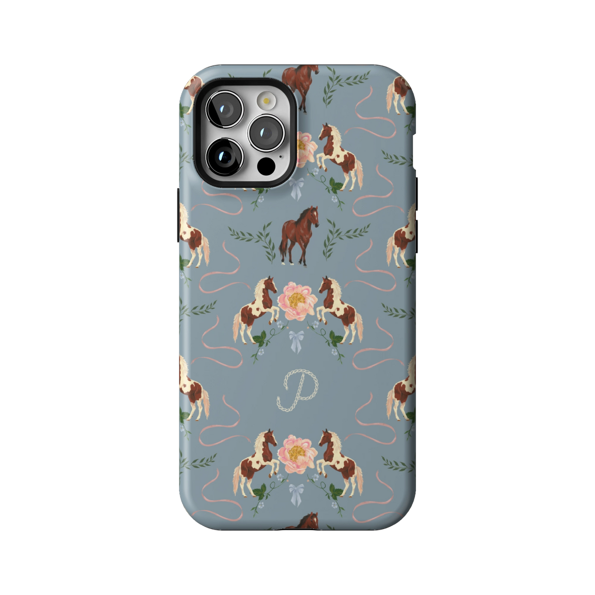 Prairie Personalized case on iPhone 12 Pro, back view: horses and blush florals on dusty blue with the initial P