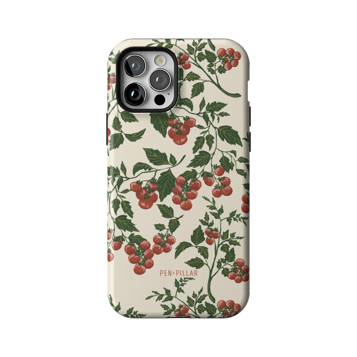 Tomato Vines case on iPhone 12 Pro, back view: red tomatoes on leafy green vines over cream