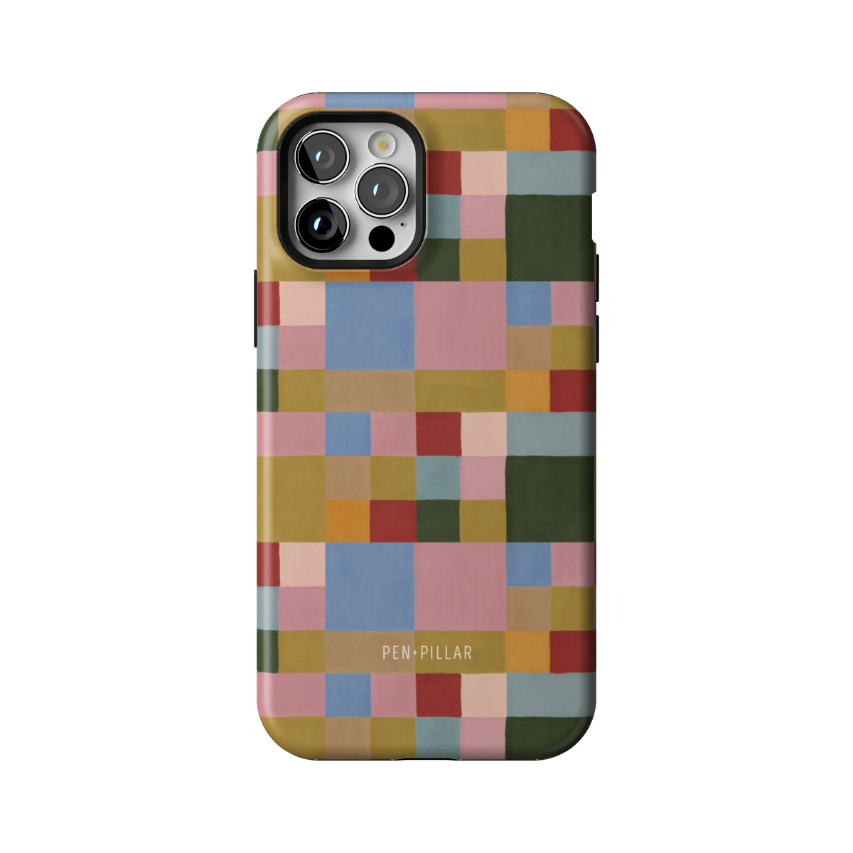Colorblock case on iPhone 12 Pro, back view: painterly squares in blush, sky blue, mustard, rust and forest green