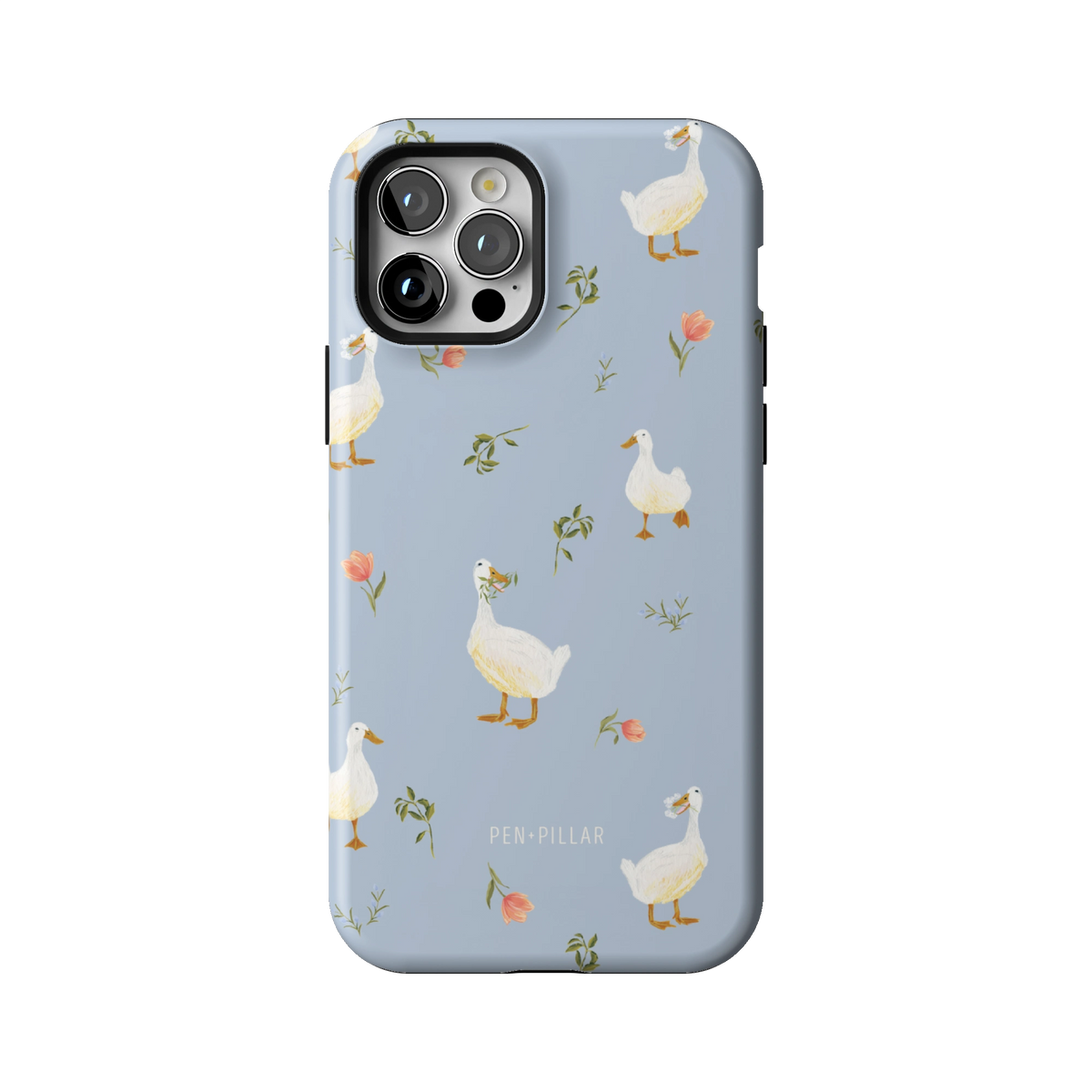 Ducks case on iPhone 12 Pro, back view: white ducks and small flower sprigs on soft blue