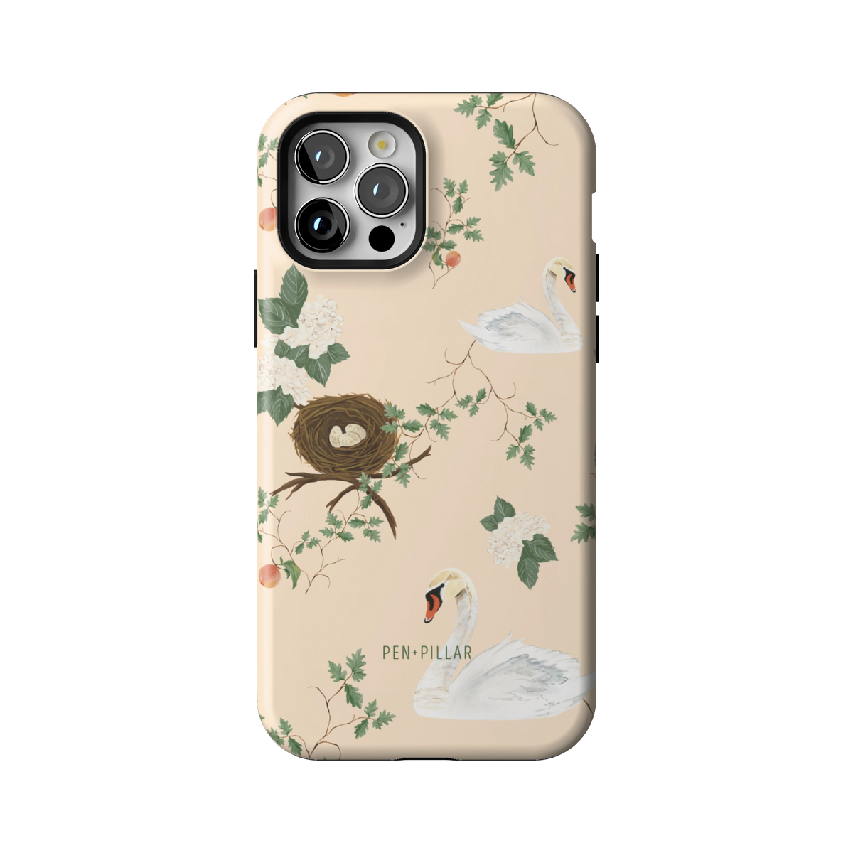 Swan Hollow case on iPhone 12 Pro, back view: swans, a bird's nest and trailing greenery on cream