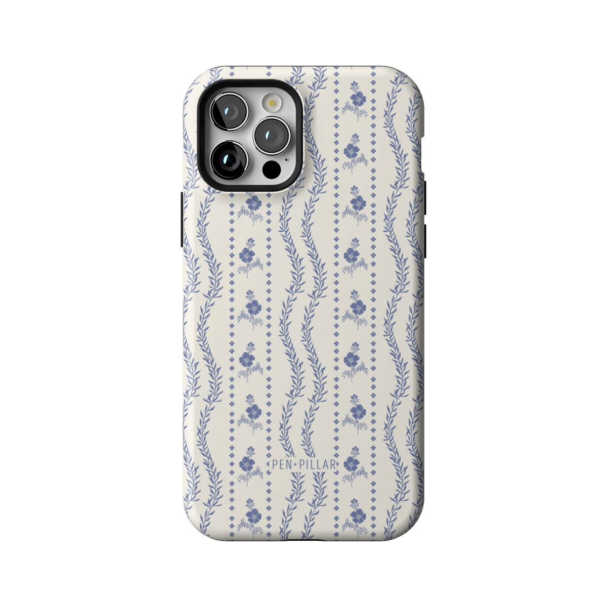 Riviera case on iPhone 12 Pro, back view: blue florals and vines in stripes on white