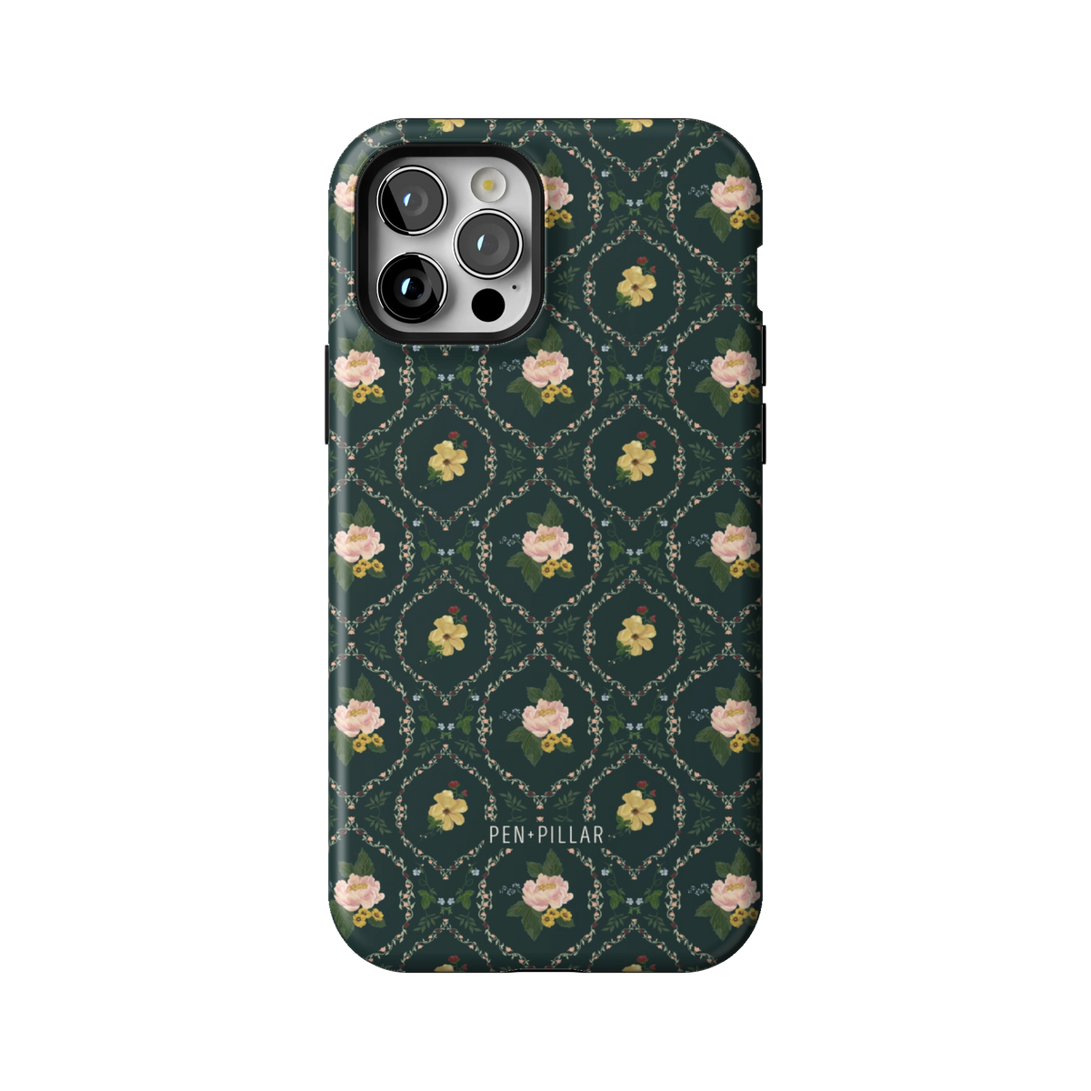 Meadow case on iPhone 12 Pro, back view: small yellow and pink flowers in a diamond trellis on deep green