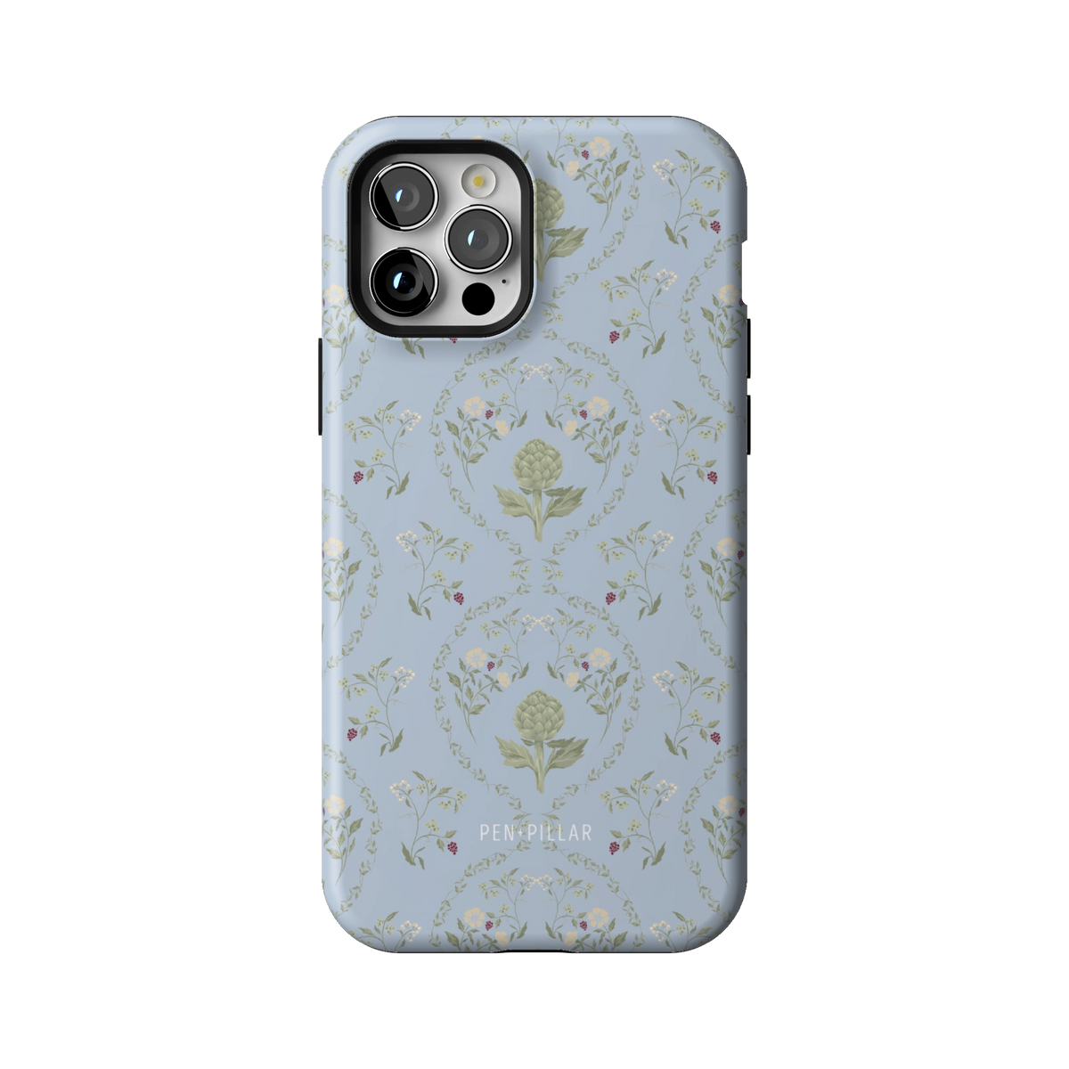 Artichoke case on iPhone 12 Pro, back view: soft green artichokes in a vintage trellis on dusty blue