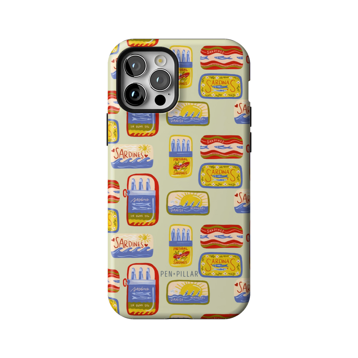 Sardines case on iPhone 12 Pro, back view: vintage sardine tins on pale sage