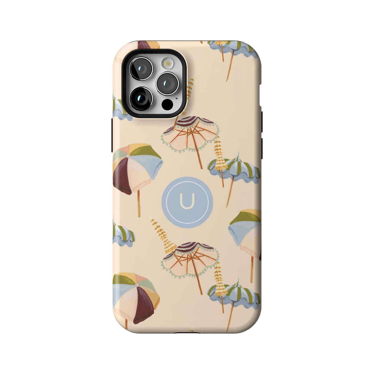Umbrellas Personalized case on iPhone 12 Pro, back view: striped beach umbrellas and loungers on warm sand with the initial U