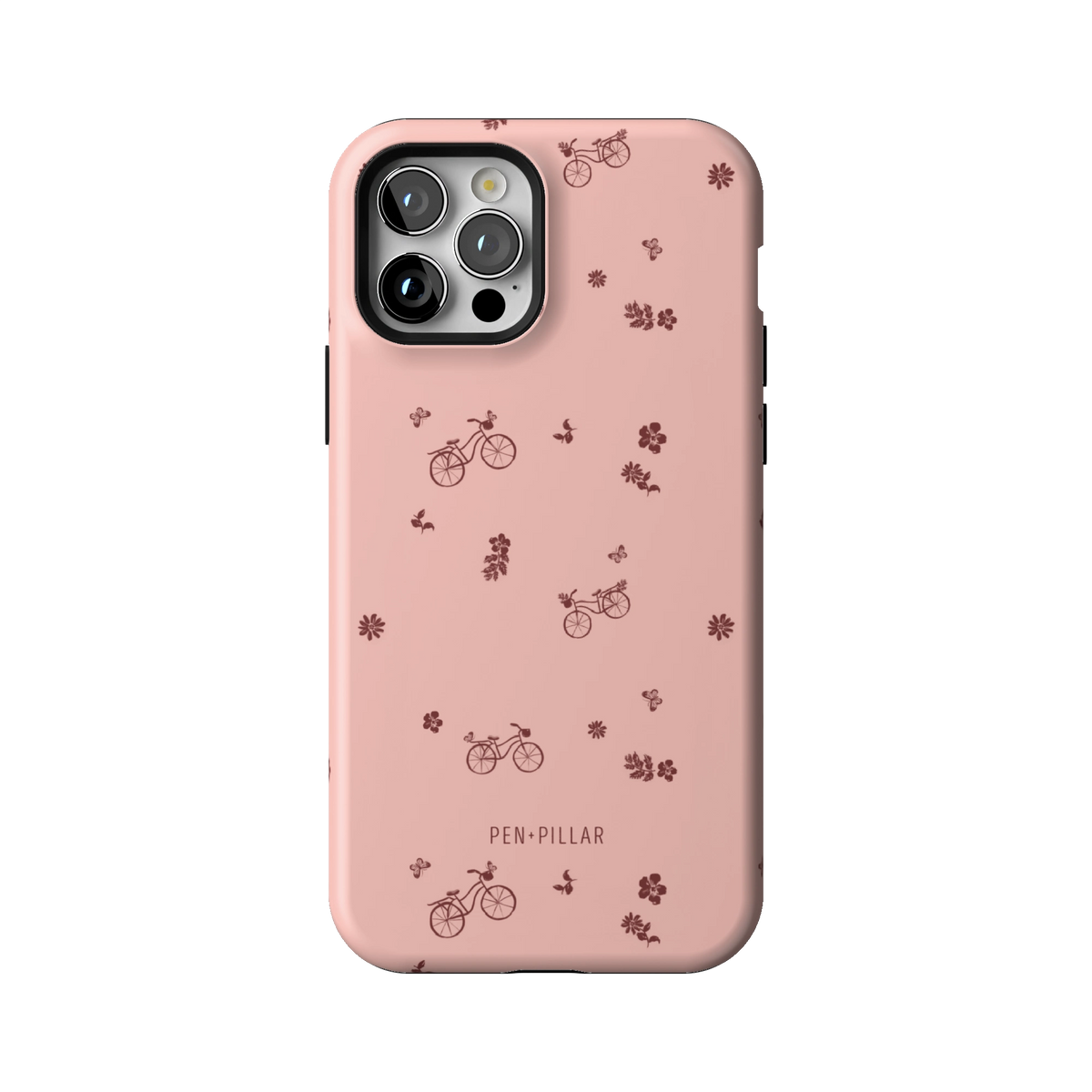 Bike Ride case on iPhone 12 Pro, back view: little bicycles and flower sprigs on pink