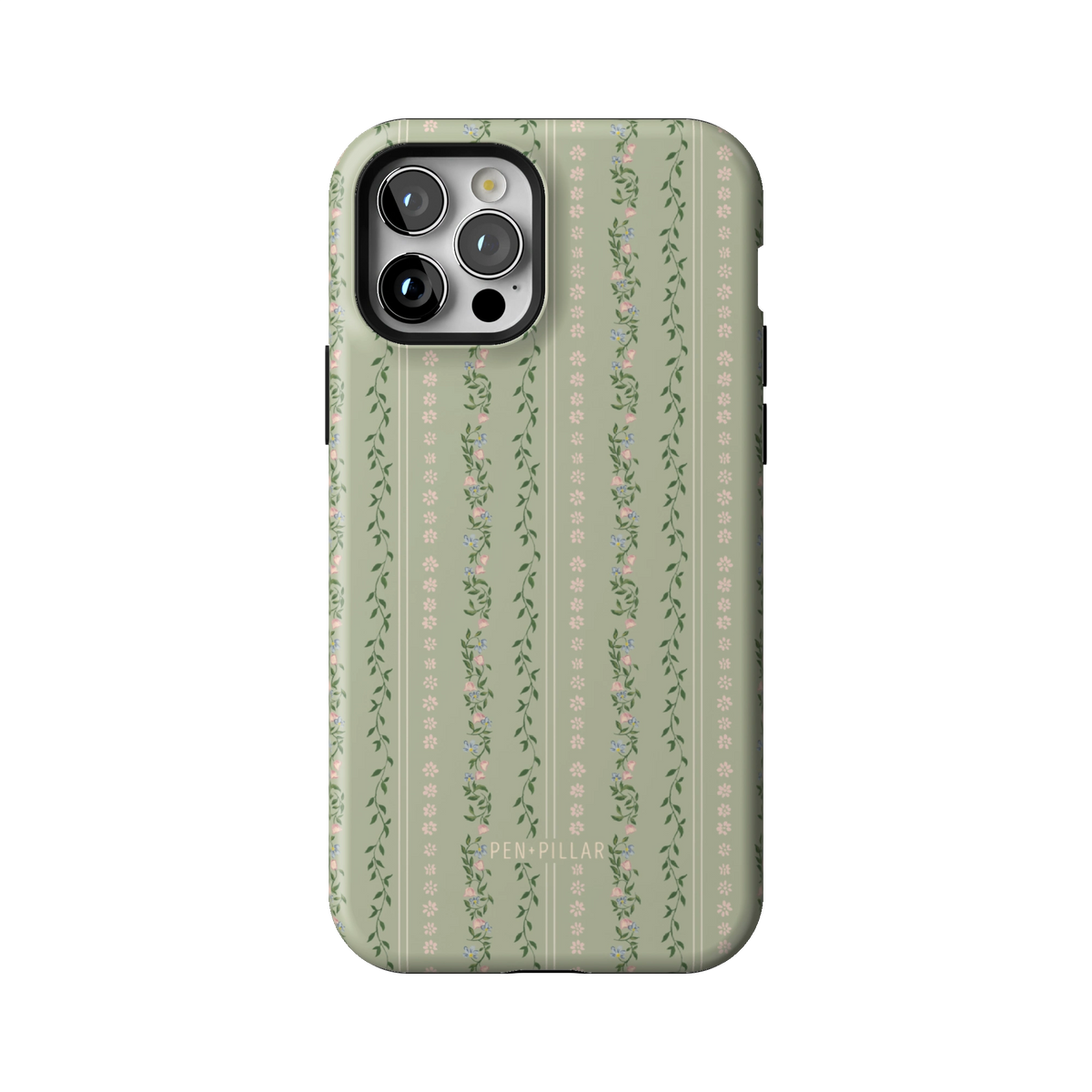 Camellia case on iPhone 12 Pro, back view: sage green with soft floral stripes