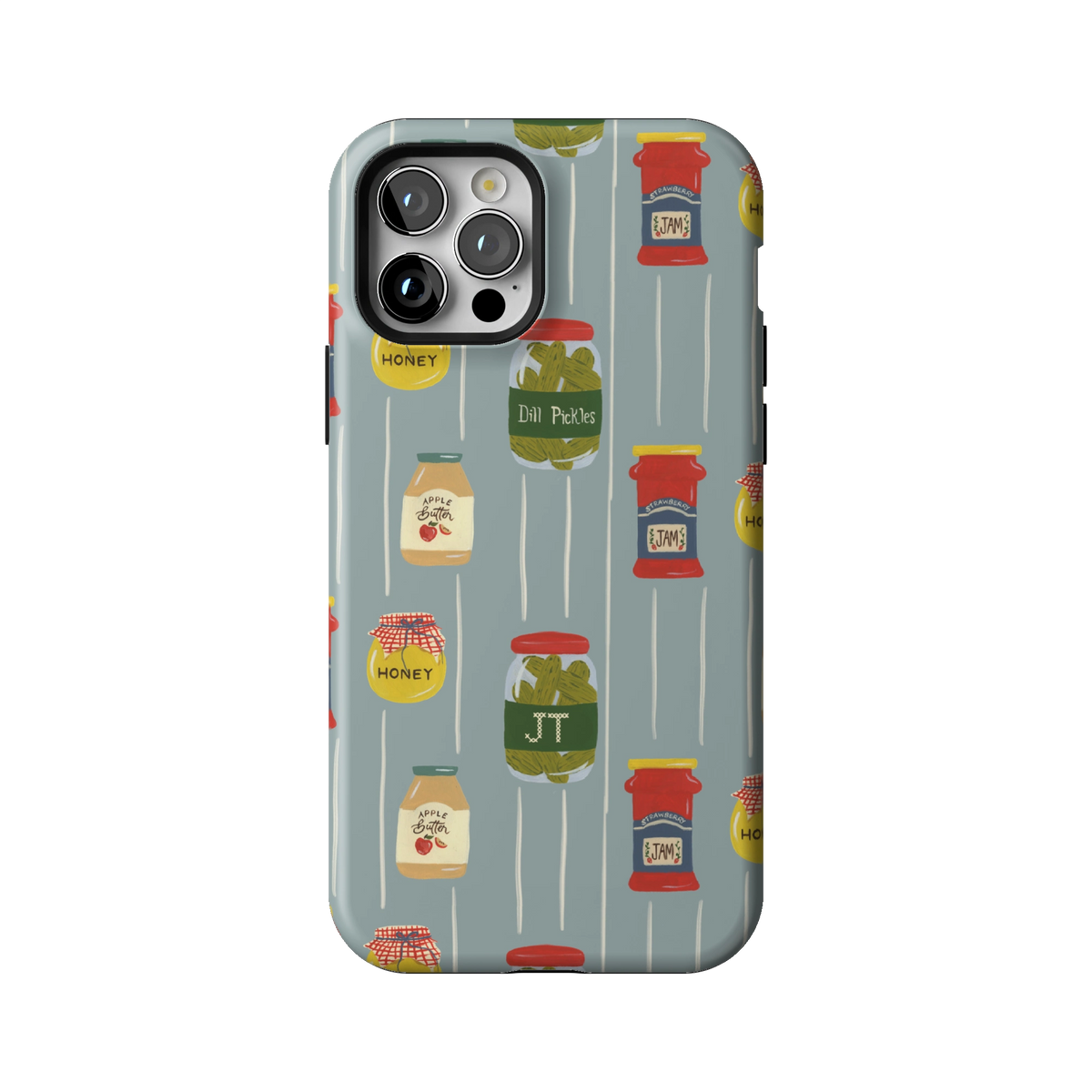 Preserves Personalized case on iPhone 12 Pro, back view: jars of honey, pickles and jam on slate blue stripes with the initials JT