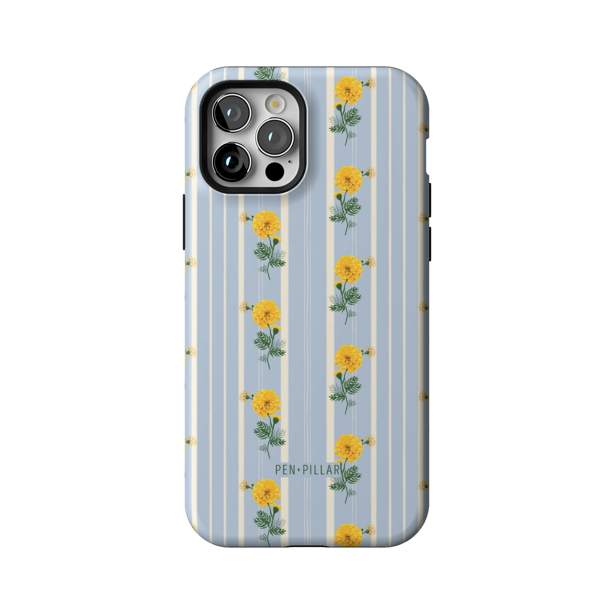 October Birth Month case on iPhone 12 Pro, back view: yellow marigolds on blue and cream stripes