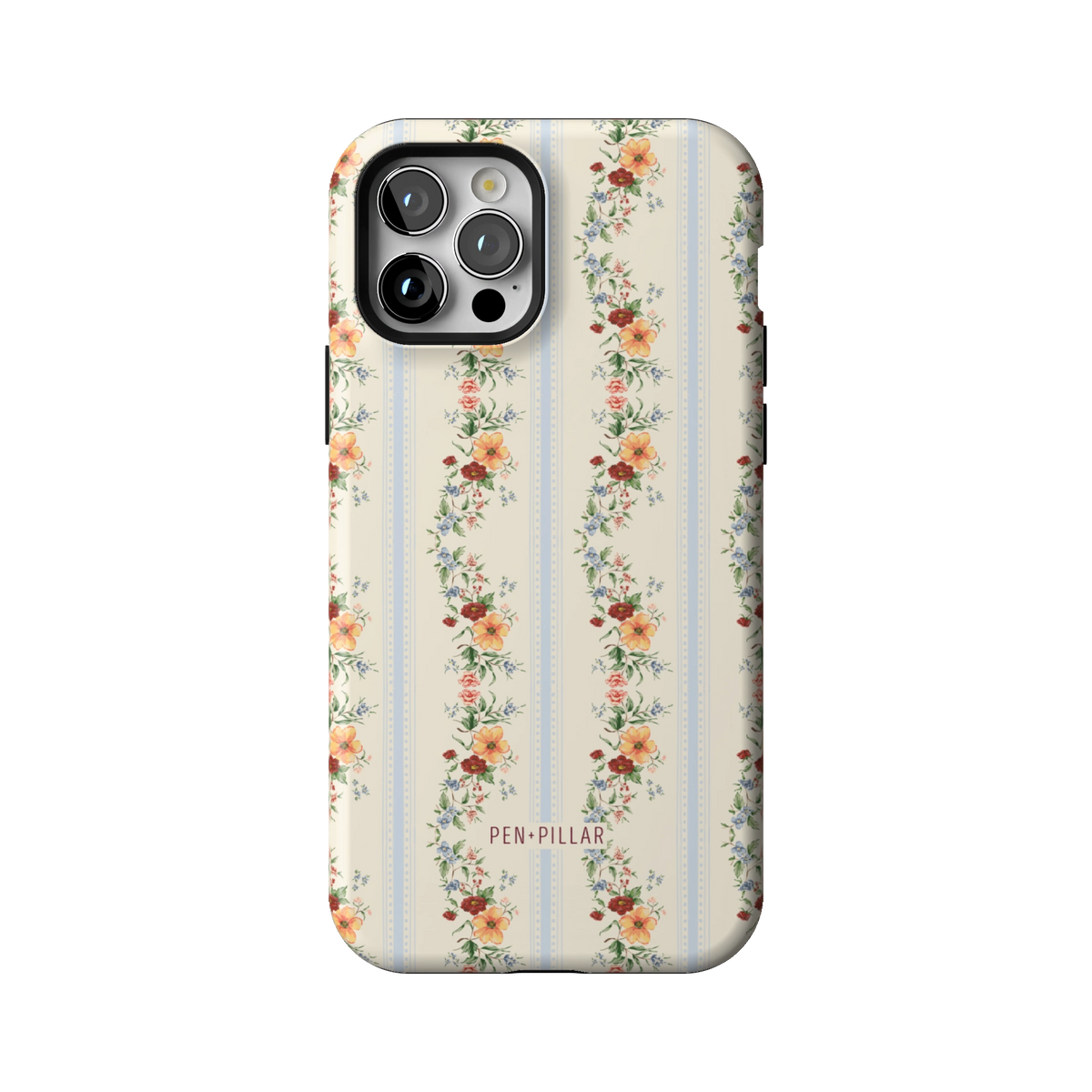Wallflower case on iPhone 12 Pro, back view: floral garlands in orange and blush on cream and pale blue stripes