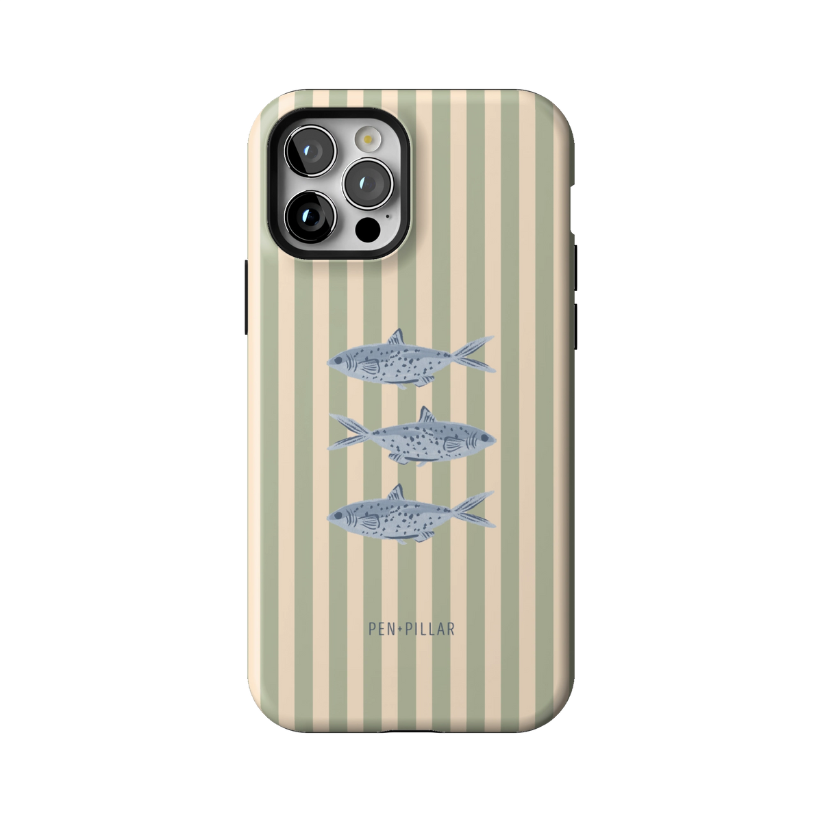 Sea Stripes case on iPhone 12 Pro, back view: blue fish on sage and cream stripes