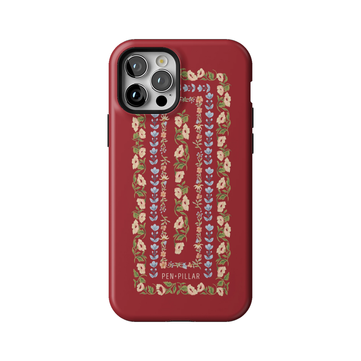 Fiona case on iPhone 12 Pro, back view: ornate floral stripes in cream, blush and blue on rich red