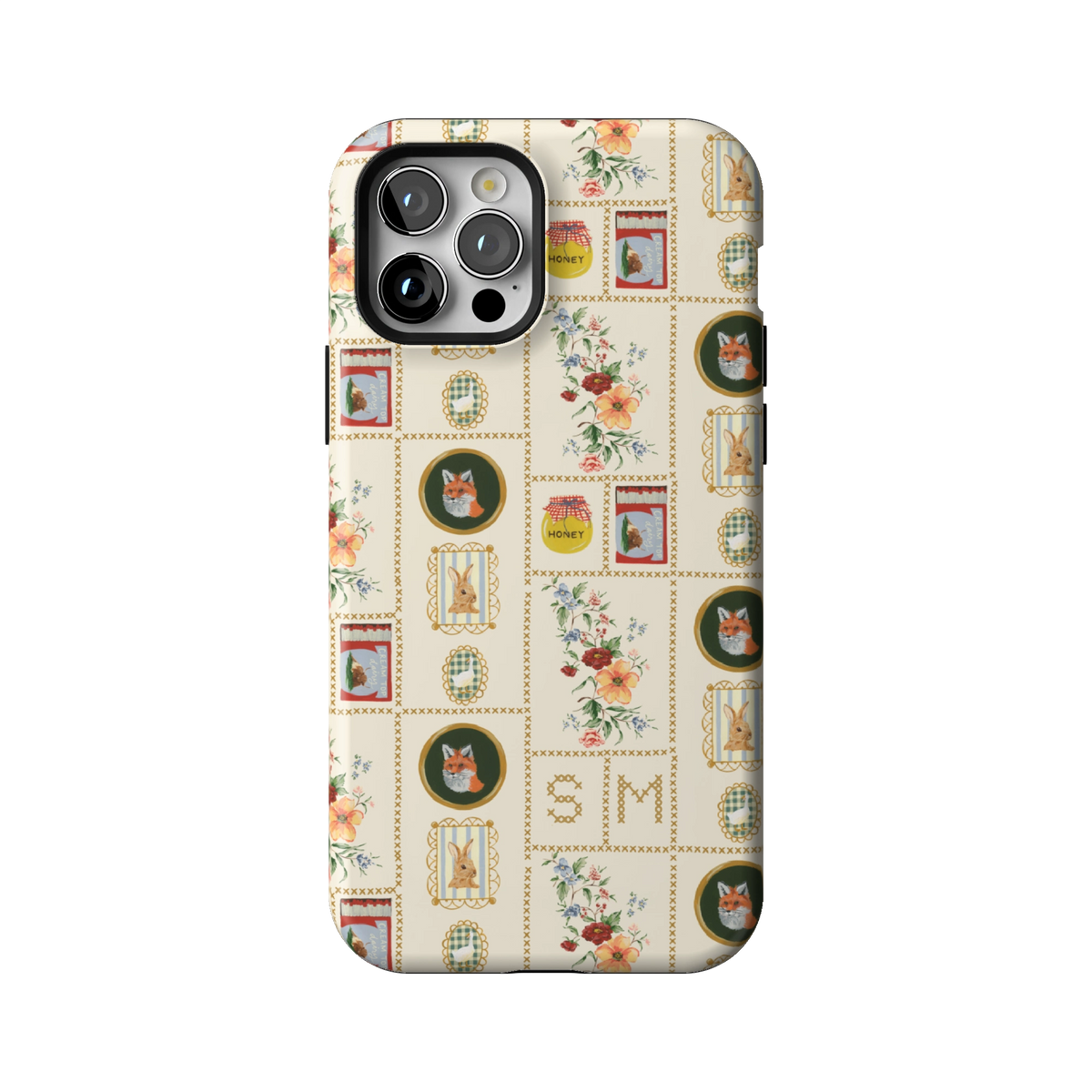 Sampler Personalized case on iPhone 12 Pro, back view: cross-stitch style squares of jars, animals and florals on cream with the initials SM