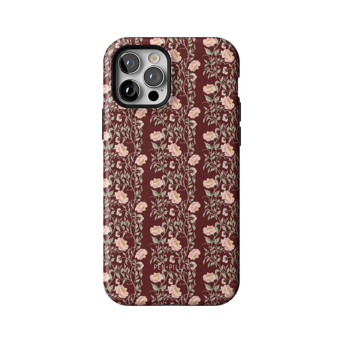 Thicket case on iPhone 12 Pro, back view: dense blush and cream florals on deep burgundy