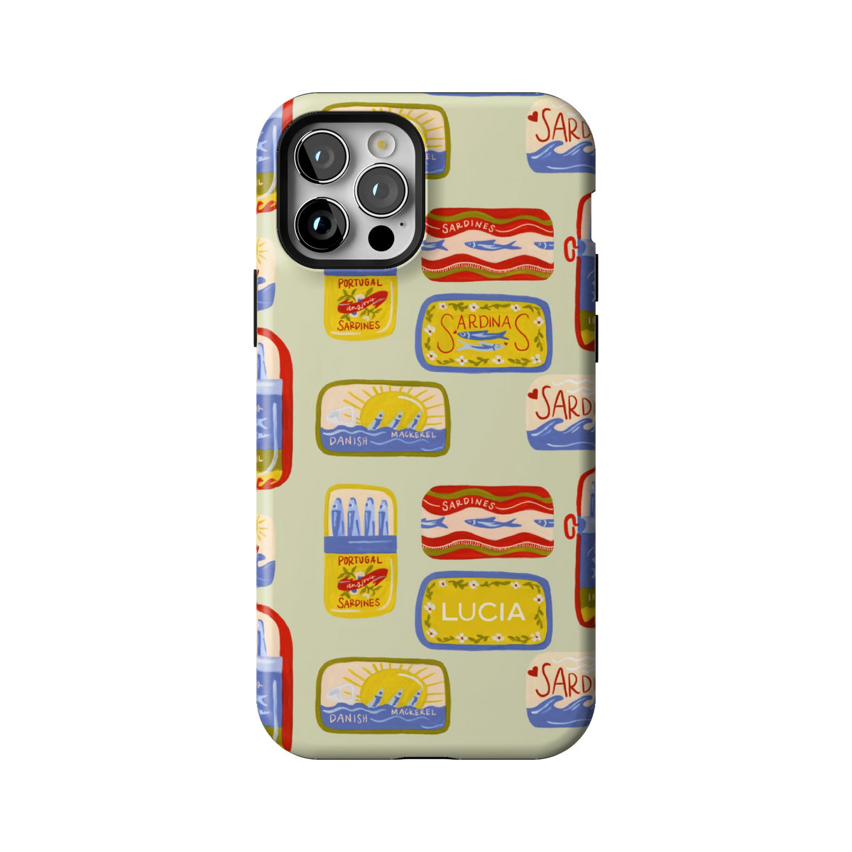 Sardines Personalized case on iPhone 12 Pro, back view: vintage sardine tins on pale sage with the name Lucia